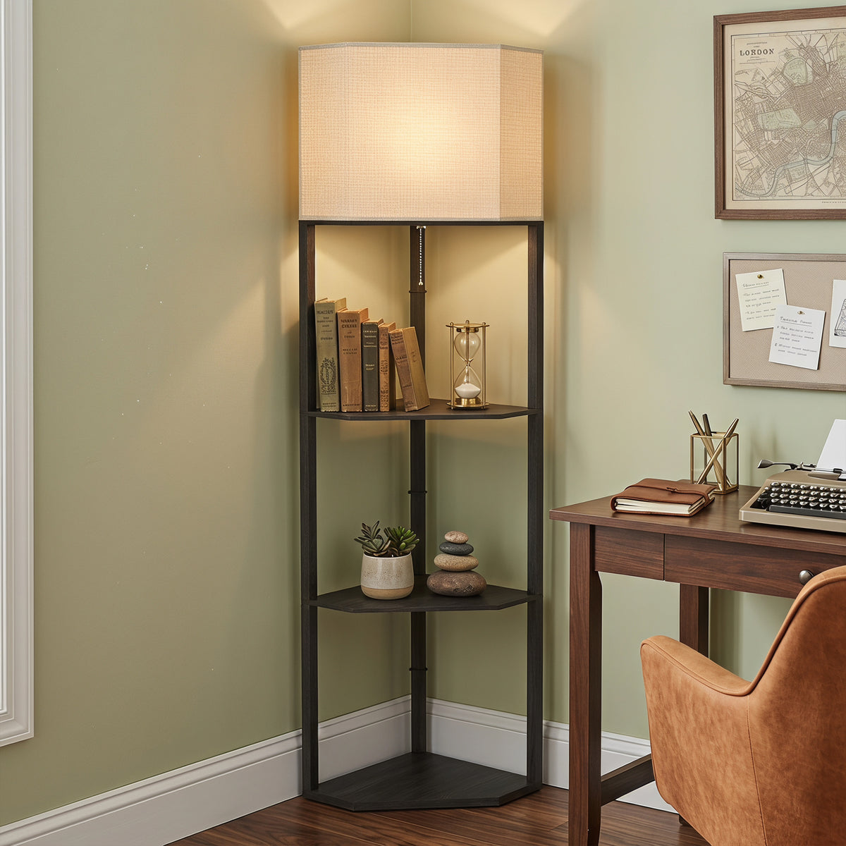 HOMCOM Corner Floor Lamp with Shelves, Tall Standing Lamps for Living Room, with Pull Chain Switch Bulb not Included, Black