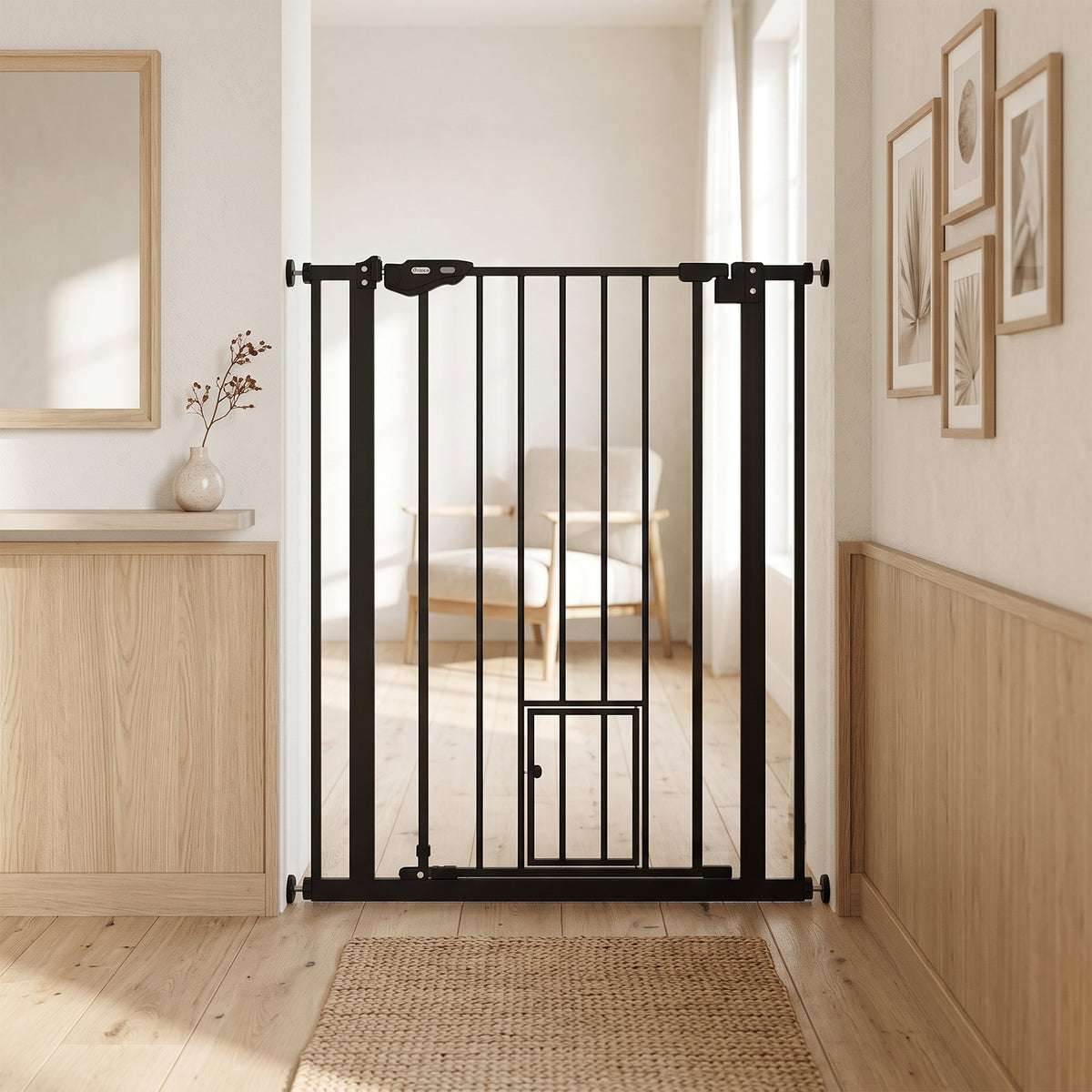 PawHut Extra Tall Pet Gate, Indoor Dog Safety Gate, with Cat Flap, Auto Close, 74-80cm Wide - Black