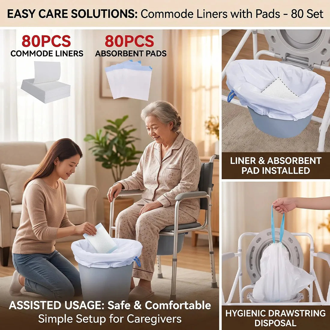 Pack of 160 Commode Liners with Absorbent Pad Odorless Disposable Bags Universal