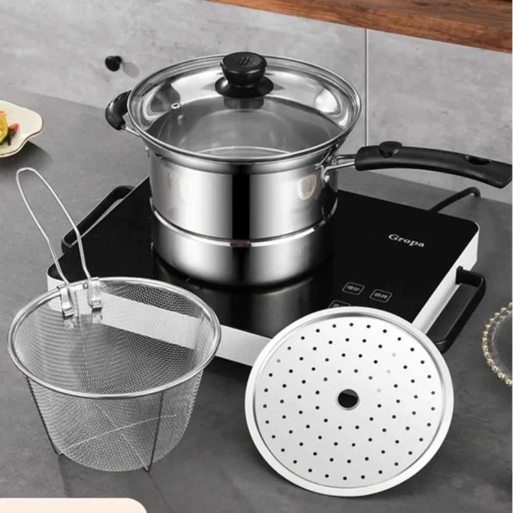 4pc Non Stick Chip Pan Deep Fat Fryer Cooking Noodle Soup Pot Frying Basket&Lid