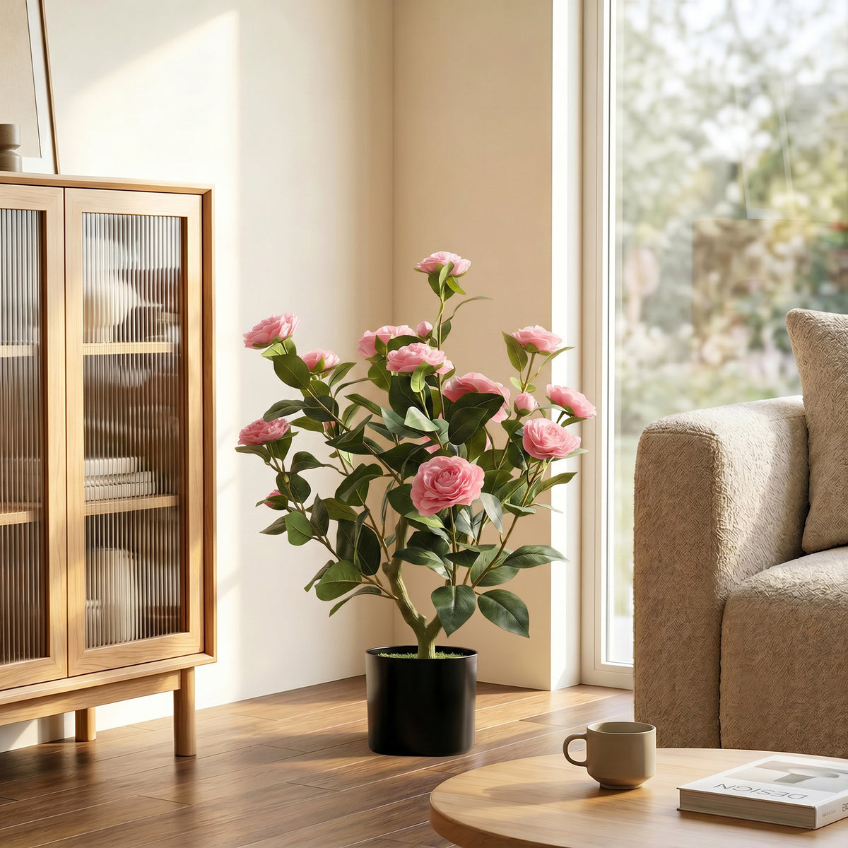 HOMCOM 65cm Artificial Camellia Flower Plant in Pot with 116 Lush Leaves & Moss Effect, Pink