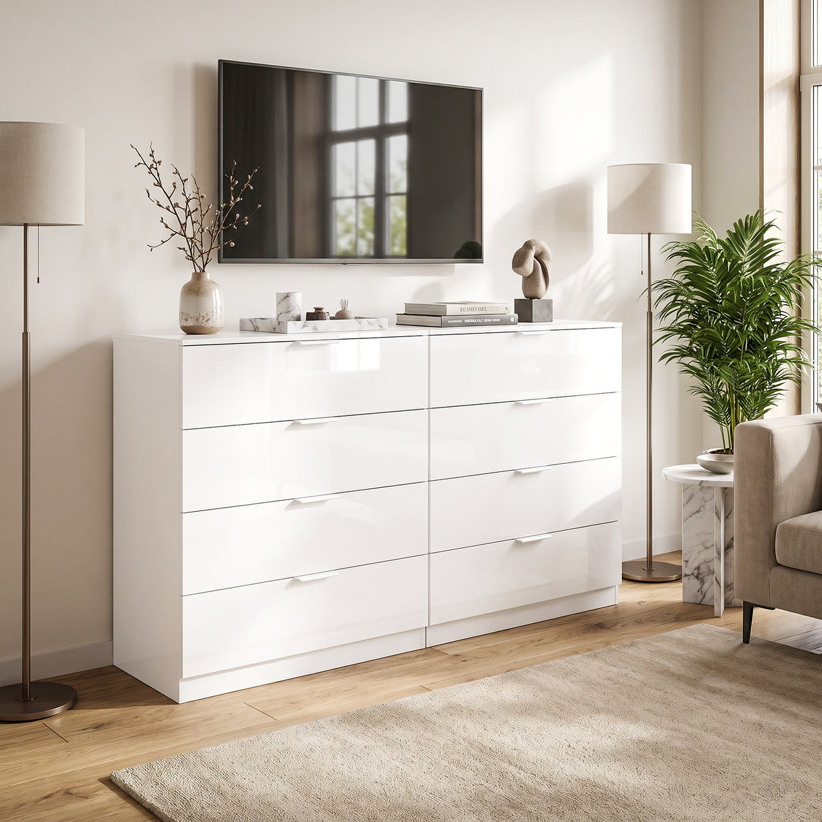 HOMCOM High Gloss 4-Drawer Chest of Drawers, Space-Saving Bedroom Storage Unit with Smooth Runners, White