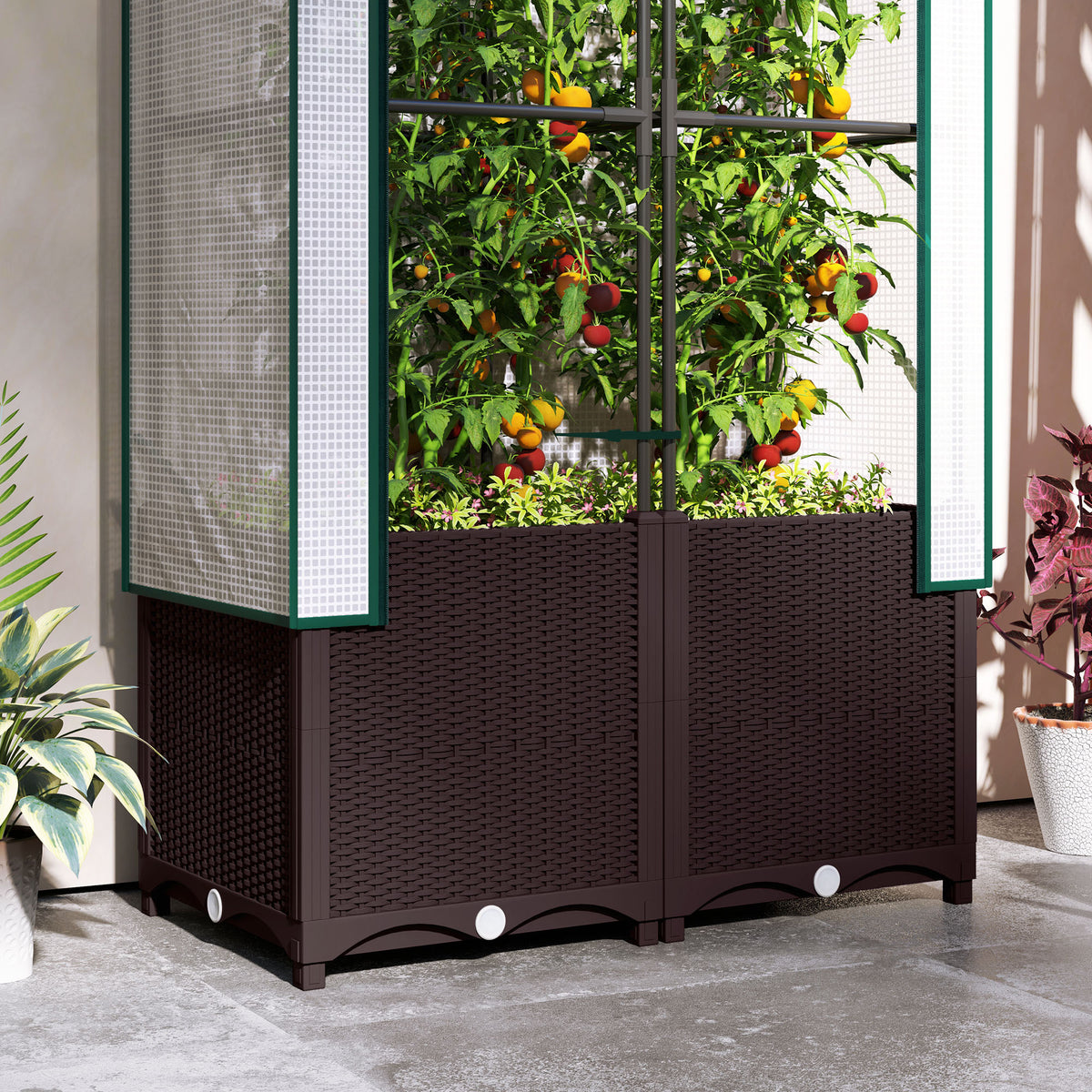 Outsunny Raised Garden Bed with Trellis, Plastic Planter Box with PE Cover, Drainage Holes, Drain Plugs and Water Reservoirs for Climbing Plants, Vegetables, Flowers, 80 x 40 x 140 cm