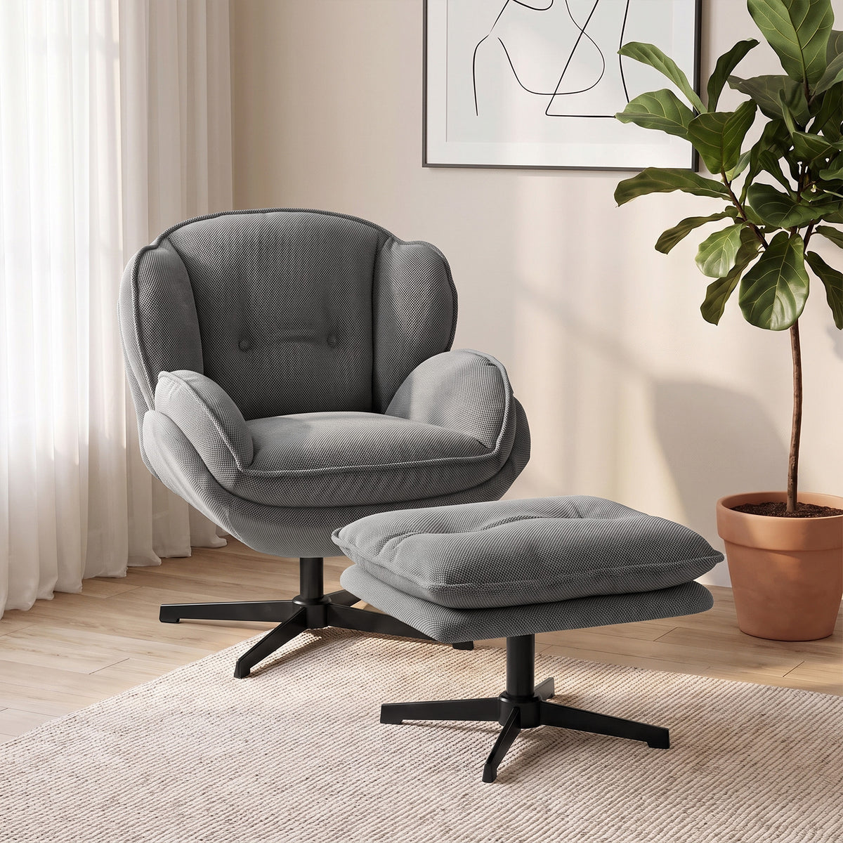 HOMCOM Armchair with Adjustable Footstool, 360-Degree Swivel Chenille Cloud Accent Chair with Thick Cushion, Steel Base, Grey