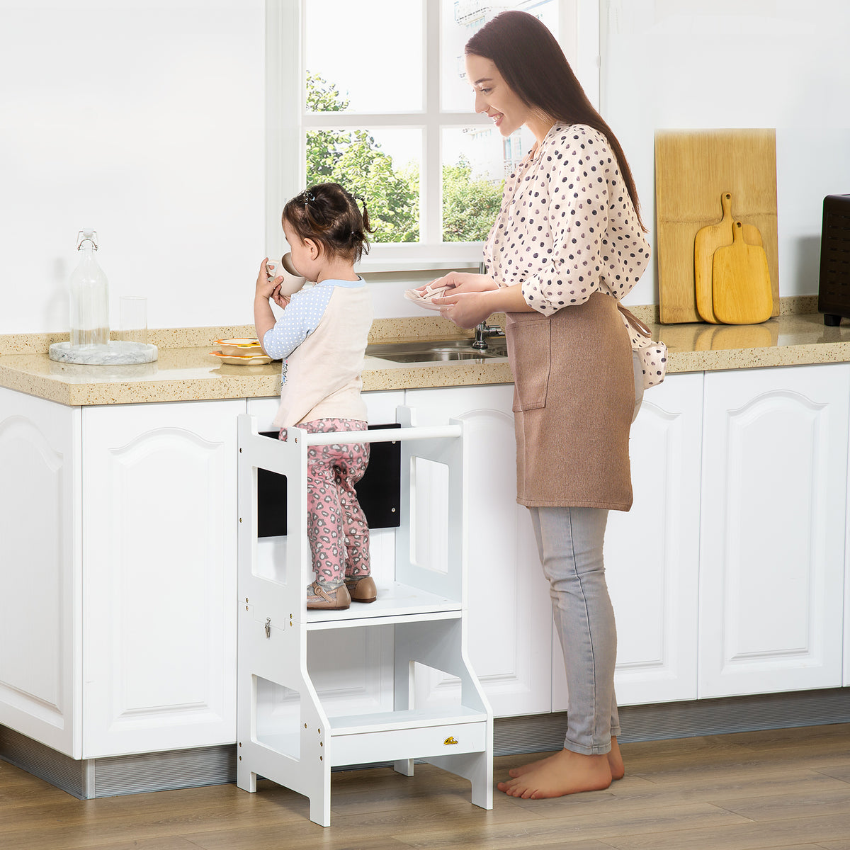 HOMCOM Toddler Learning Tower, 2 in 1 Toddler Step Stool for Kids with Chalkboard and Security Rail, Foldable Step Stool for Kitchen Bathroom, Ages 3-6 Years, White
