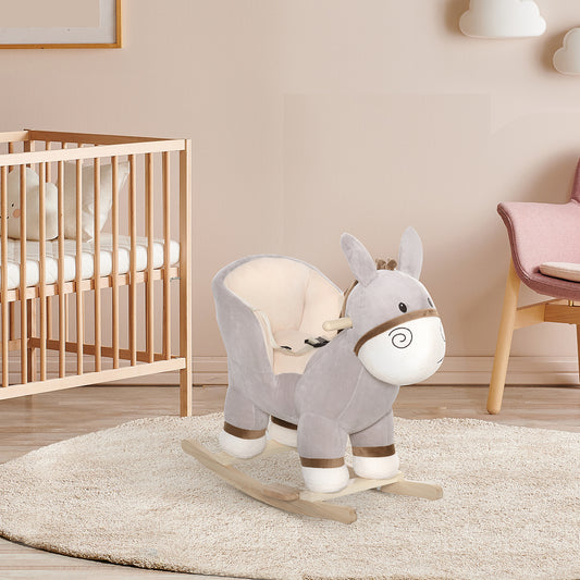 HOMCOM Kids Rocking Horse, Children Plush Ride On Donkey Animal Rocker w/ Sound, Wood Base Seat, Seat Belt, Baby Toy Rocker for Toddler 18 - 36 Months, Grey
