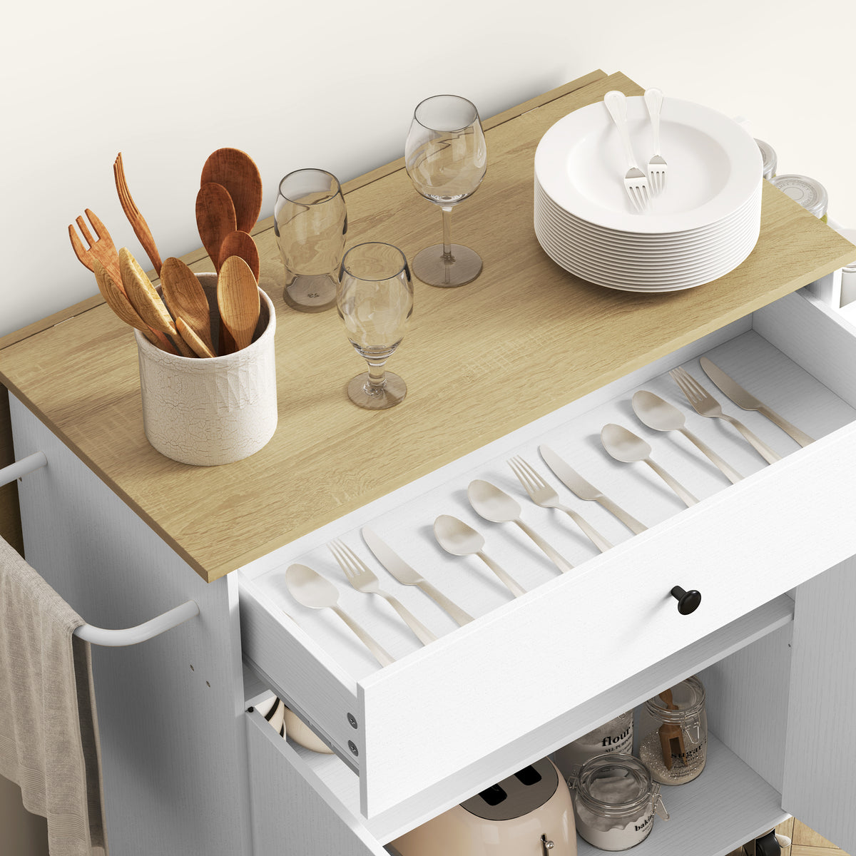 HOMCOM Kitchen Island with Drop Leaf, Rolling Kitchen Storage Trolley on Wheels with Drawer, Spice Rack and Towel Rack, White