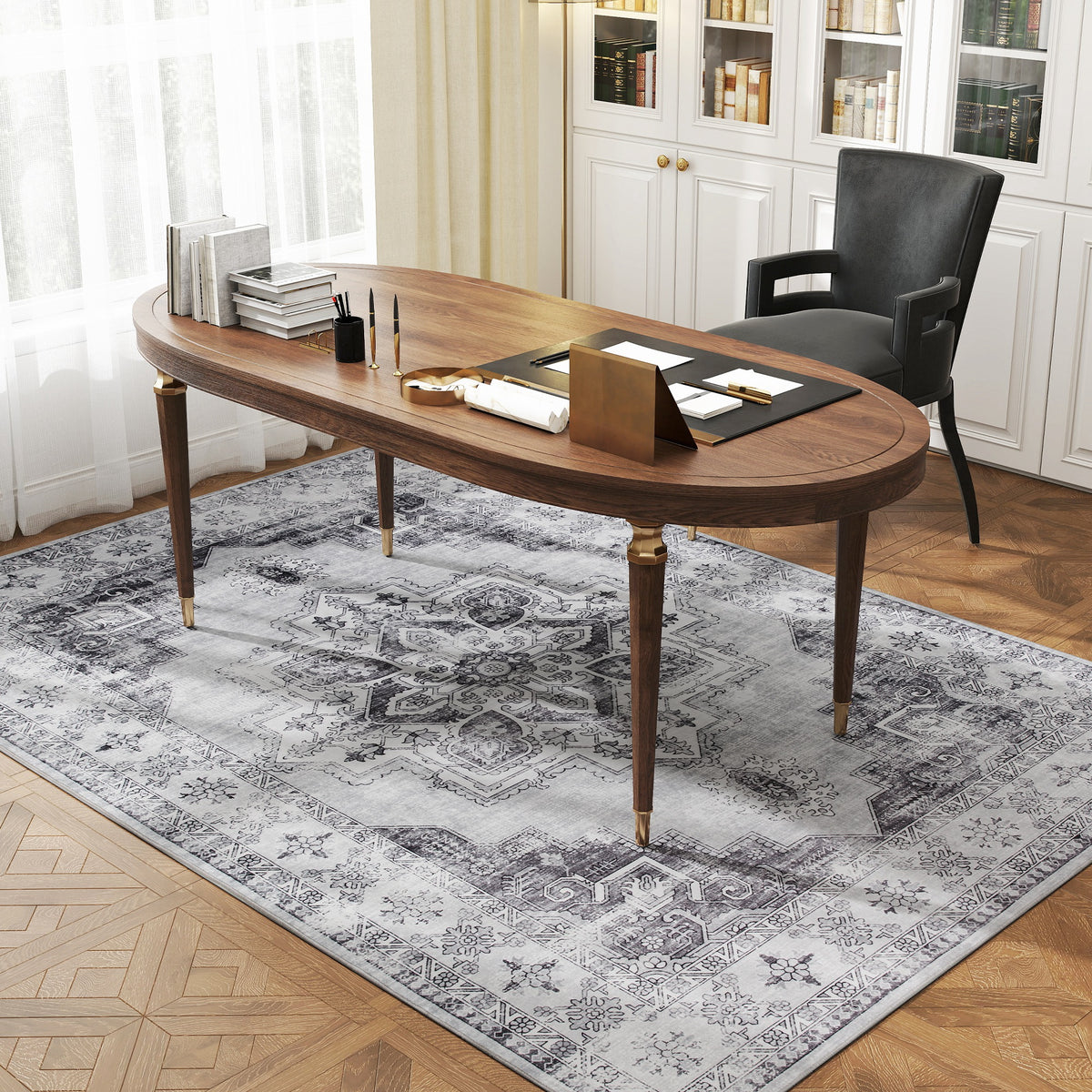 HOMCOM Vintage Area Rug, Non-Slip Washable Rug, Flannel Floor Carpet for Living Room, Bedroom, Dining Room, Home Office, 230 x 160 cm, Grey