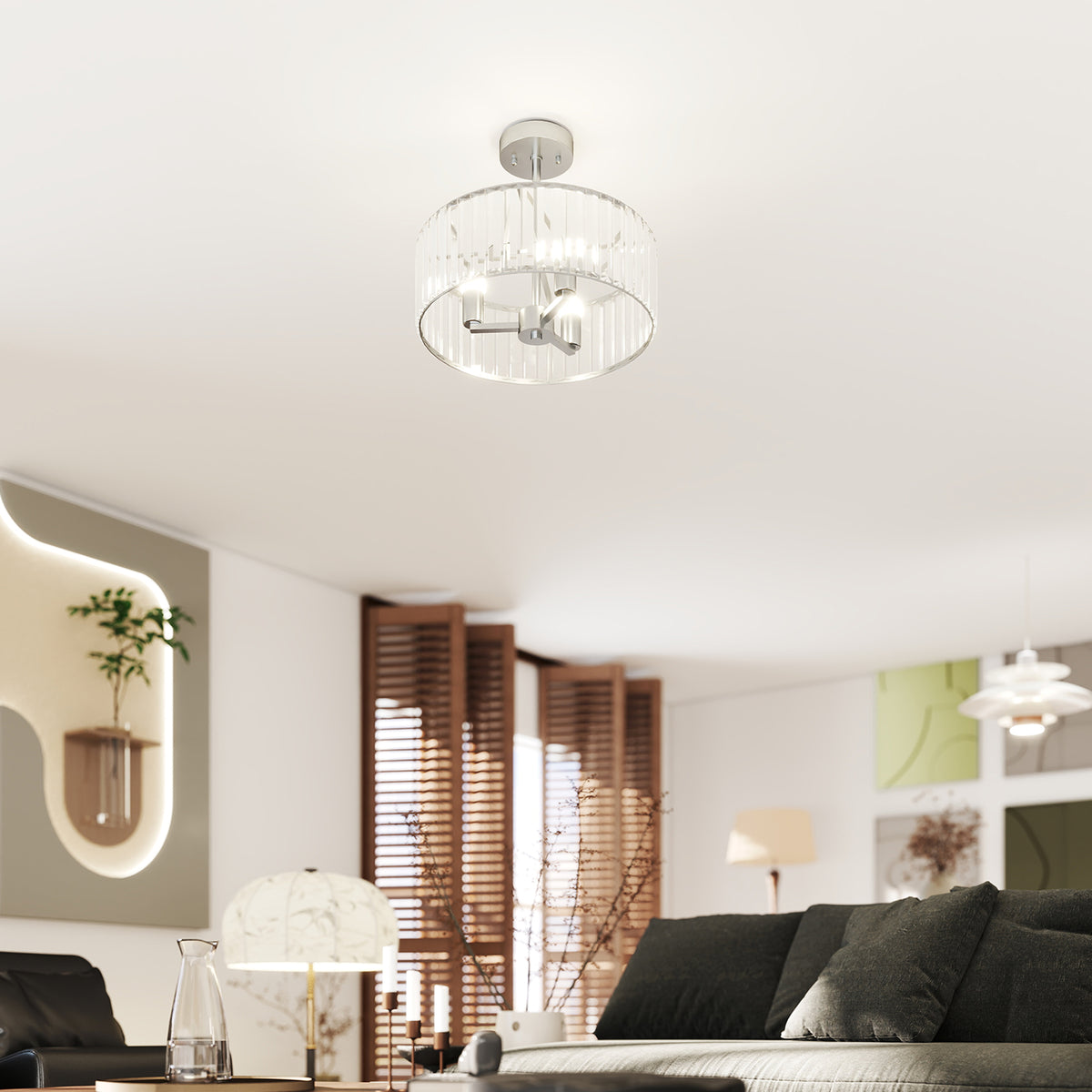 HOMCOM Crystal Ceiling Light Fixture, 39 cm Semi Flush Mount Modern Crystal Chandelier Ceiling Light for Living Room, Bedroom, Hallway, Dining Room, E14 Base 3-Lights, Bulbs Not Included, Silver Tone