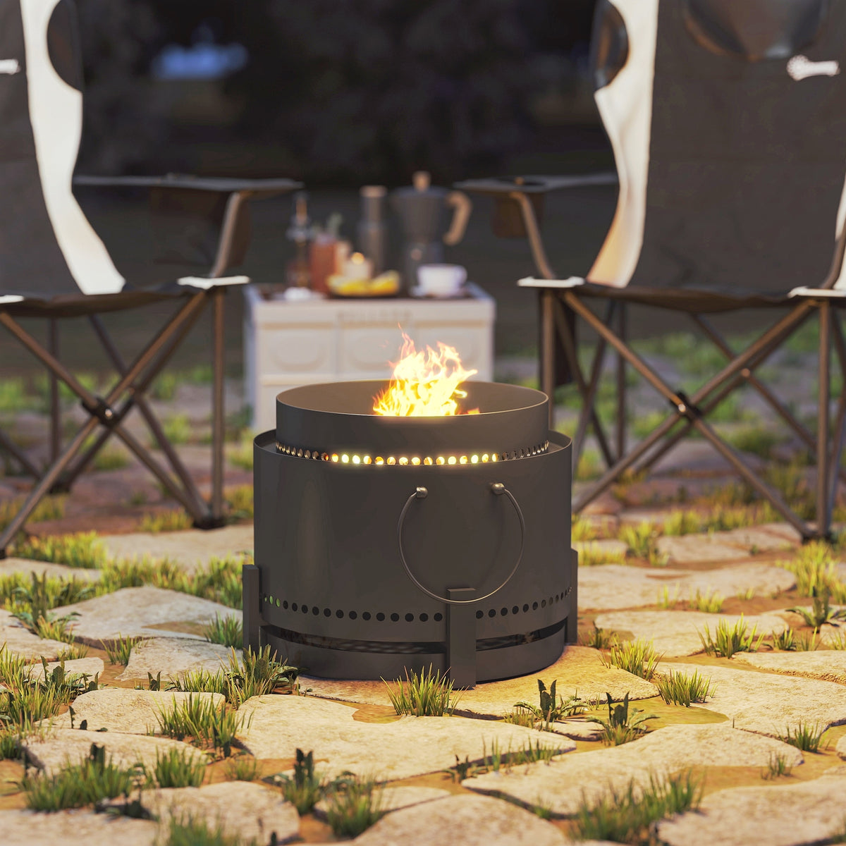 Outsunny Smokeless Fire Pit with Ash Catcher, 37cm Portable Wood Burning Firepit with Poker for Garden Camping Bonfire Party, Metal, Dark Grey