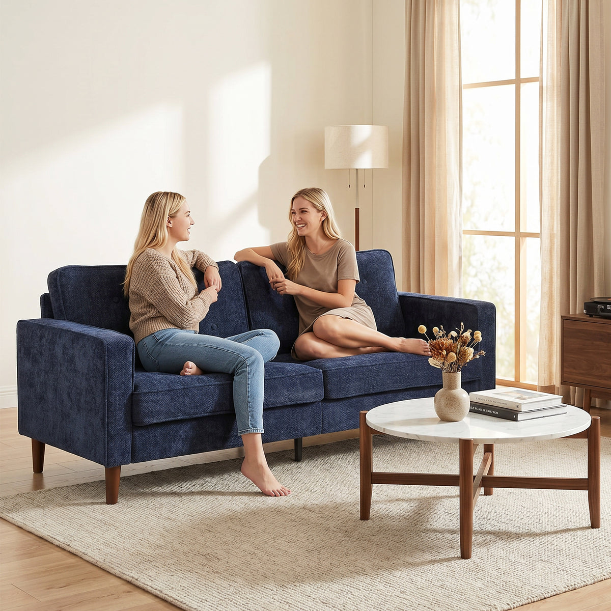 HOMCOM 3 Seater Sofa Button Tufted Upholstered Couch with Wood Legs for Living Room, Dark Blue