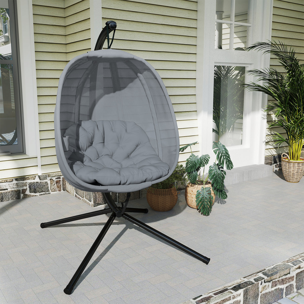 Outsunny Hanging Egg Chair, Folding Texteline Swing Hammock with Side Pocket, Cushion and Stand for Indoor Outdoor, Patio Garden Furniture, Grey
