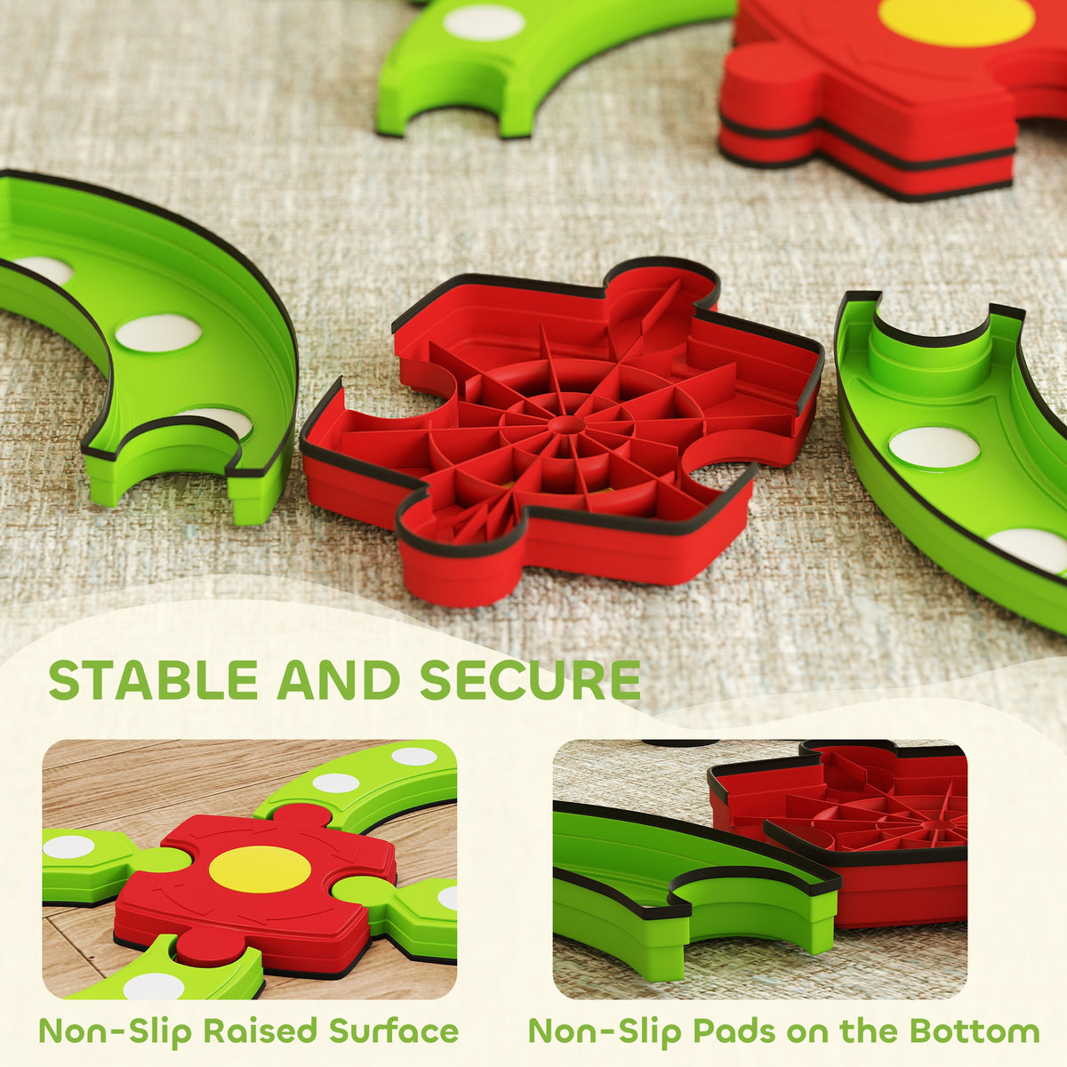 AIYAPLAY 13 PCS Kids Balance Beam Stepping Stones Set with Non-slip Textured Surface, Outdoor Indoor for Toddlers, Green
