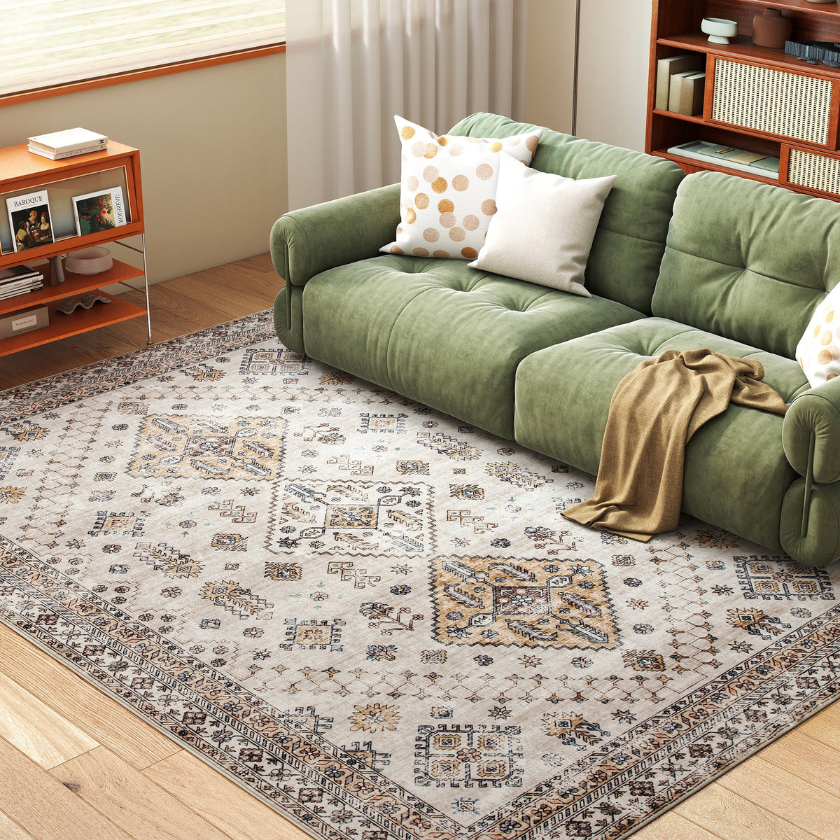 HOMCOM Vintage Area Rug, Non-Slip Washable Rug, Flannel Floor Carpet for Living Room, Bedroom, Dining Room, Home Office, 290 x 200 cm, Beige