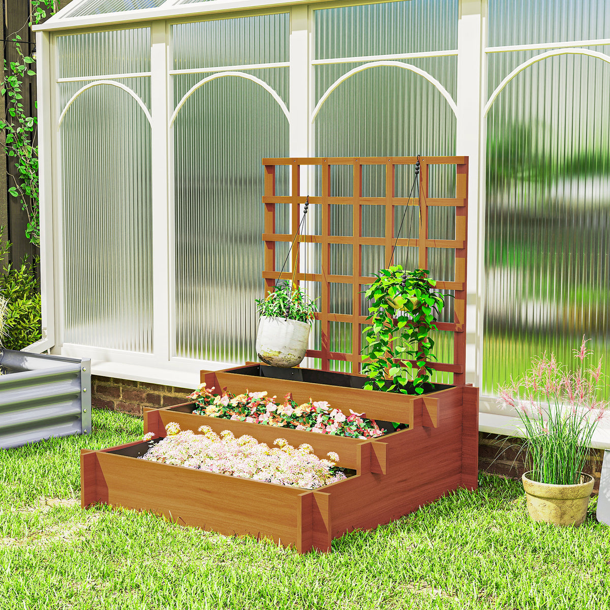 Outsunny 3 Tier Garden Planters with Trellis for Vine Climbing, Wooden Raised Beds, 95x95x110cm, Brown