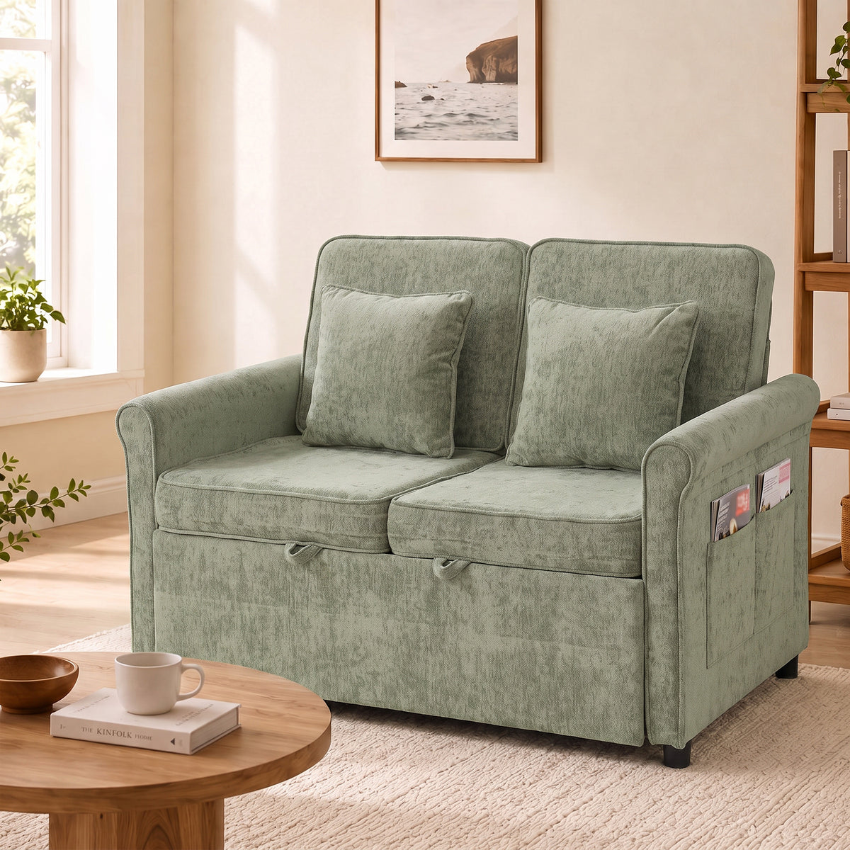 HOMCOM 2 Seater Sofa Bed 3-in-1 Convertible Chenille Pull Out Sleeper Sofa with 5-Position Adjustable Backrest, Light Green