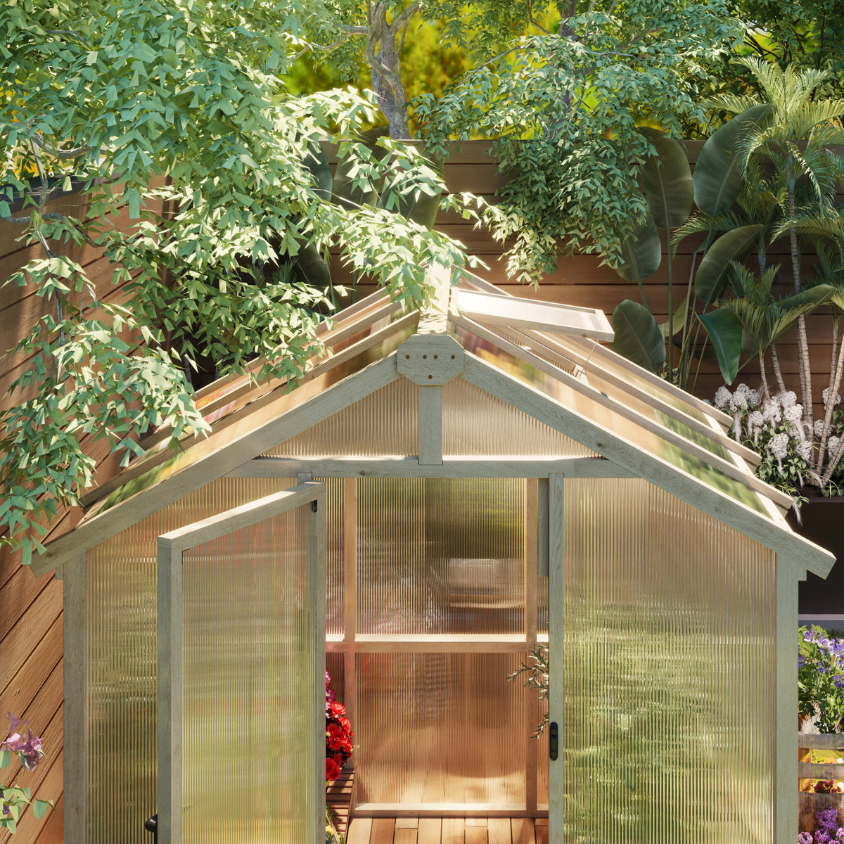 Outsunny 6.6 x 6ft Polycarbonate Greenhouse, Walk-in Wooden Greenhouse with Lockable Door and Window, Brown