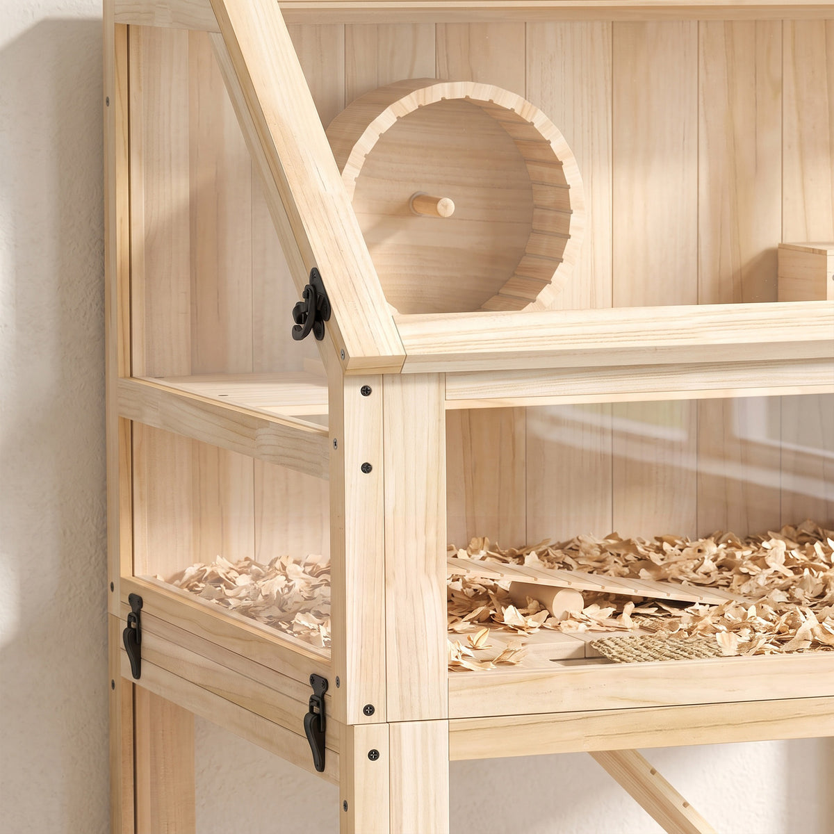PawHut Wooden Hamster Cage with Detachable 31cm Deep Bottom, Hut, Seesaw, Exercise Wheel, Ramp, 80 x 50 x 76cm, Natural