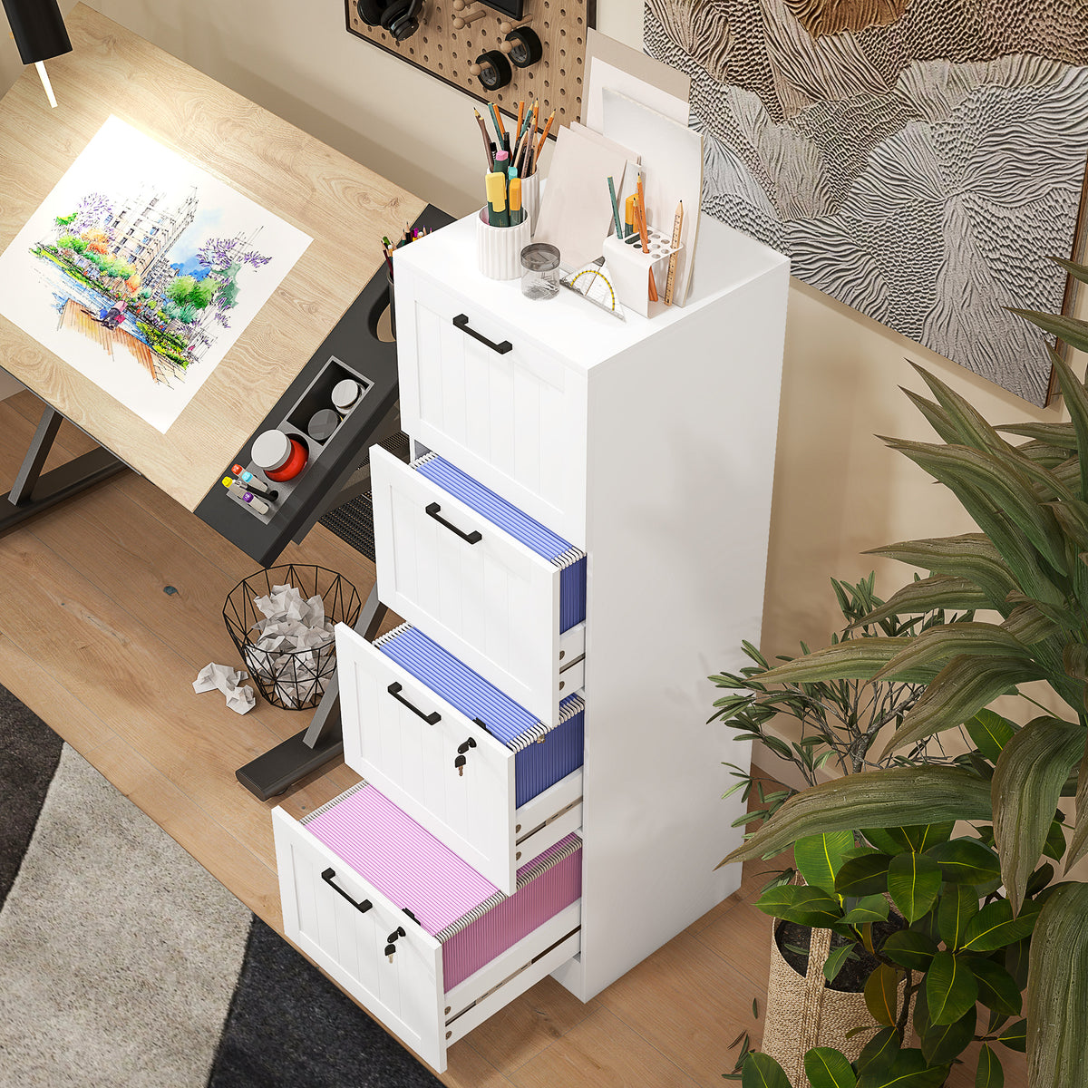 HOMCOM 4 Drawer Filing Cabinet with Lock, Office Storage Cabinet with Adjustable Hanging Bars for A4 Letter Size Files, White