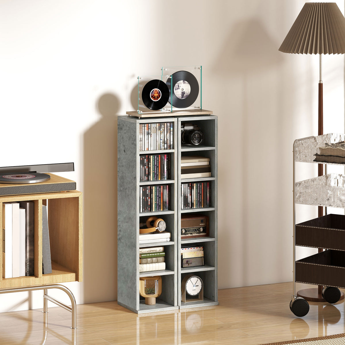 HOMCOM Set of 2 CD Media Display Shelf Unit Tower Rack with Adjustable Shelves, Cement Grey