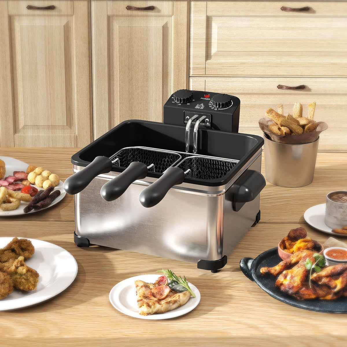HOMCOM 5 Litre Deep Fat Fryer Stainless Steel with Adjustable Temperature, 60min Timer, Removable Oil Basket, Viewing Window and Safety Cut Out, 2000W