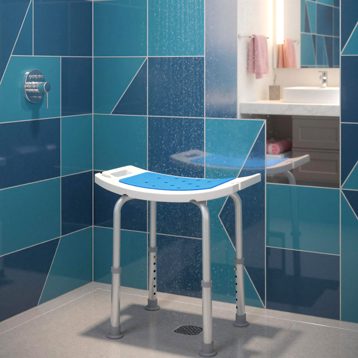 HOMCOM Shower Chair, Adjustable Height Shower Stool with Aluminium Frame and Non-Slip Feet, Bathtub Stool Seat with Padded Seat for Elderly Disabled Handicap, Blue