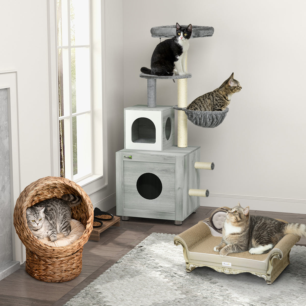 PawHut Wicker Cat Bed, Raised Rattan Cat Basket with Cylindrical Base, Soft Washable Cushion, 40 x 37 x 51 cm - Brown
