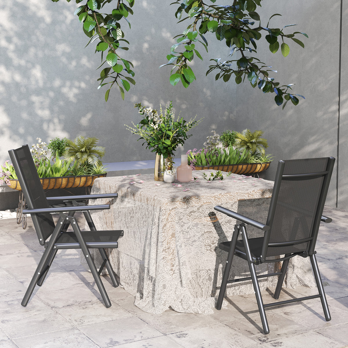 Outsunny Set of 2 Folding Garden Chairs, Aluminium Frame Outdoor Dining Chairs with Breathable Mesh Back and Seat, Garden Folding Chair Set with Armrests for Balcony, Dark Grey