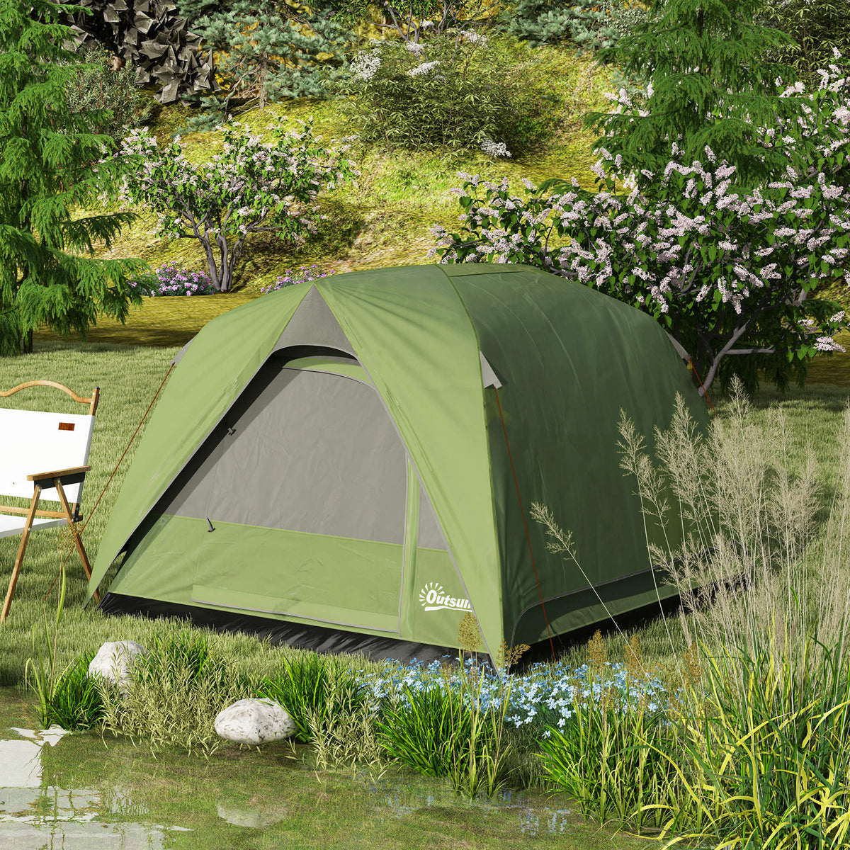 Outsunny Camping Tent, Easy Set Up 2-3 Man Tent with Sewn-in Groundsheet, 3000 mm Dome Tent w/ Mesh Windows, Olive Green and Grey