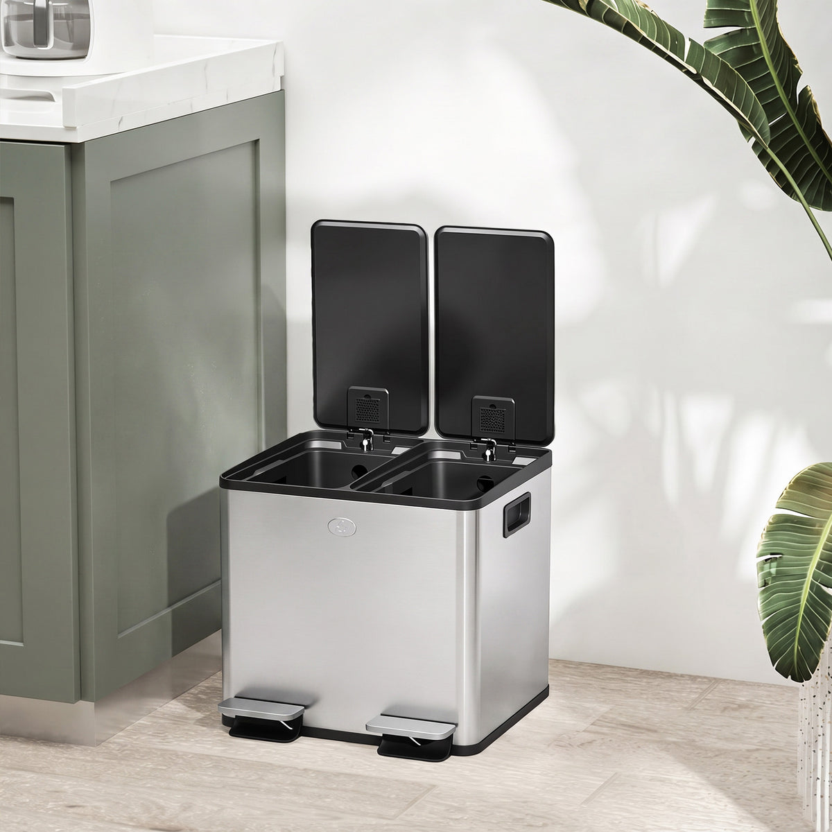 HOMCOM 30L Dual Compartment Stainless Steel Bin, with Deodoriser Holders - Silver Tone