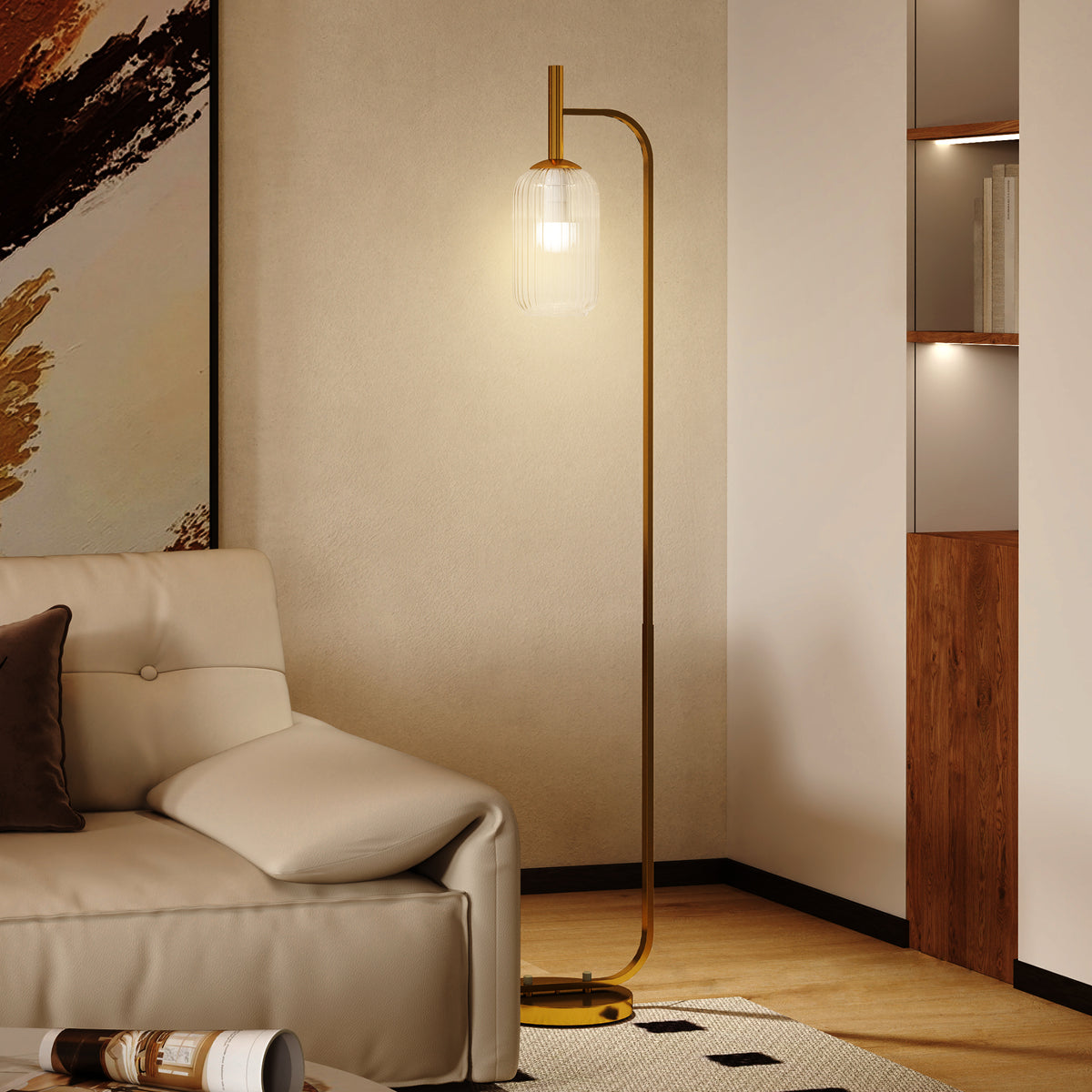 HOMCOM Floor Lamp for Living Room with Glass Lampshade, Modern Standing Lamp with Foot Switch for Bedroom, Bulb not Included, Gold Tone