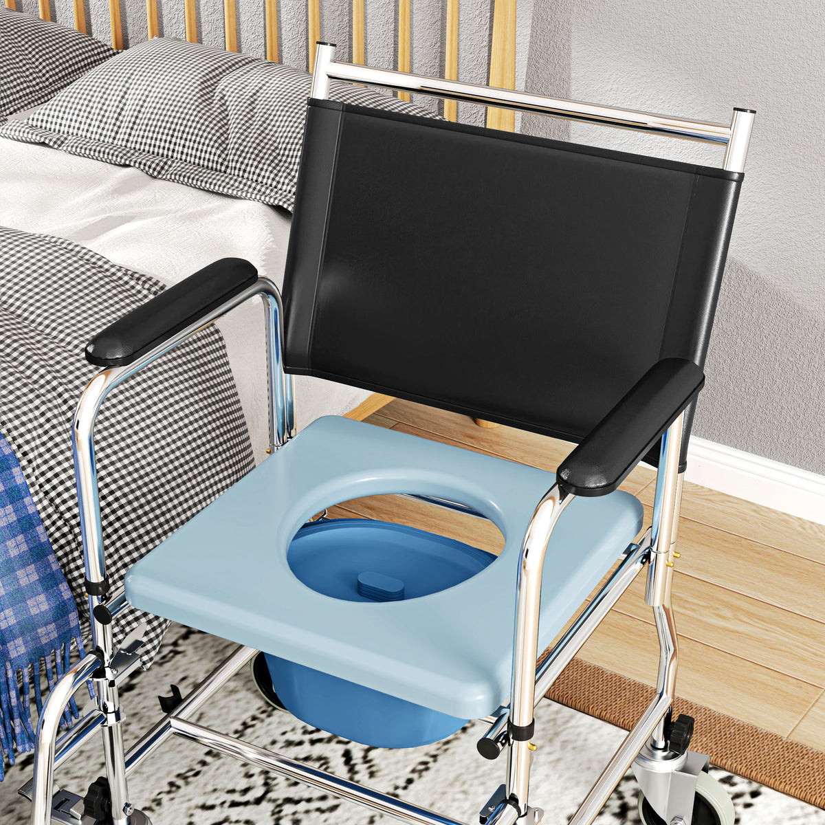 HOMCOM 3-In-1 Commode Wheelchair - Black