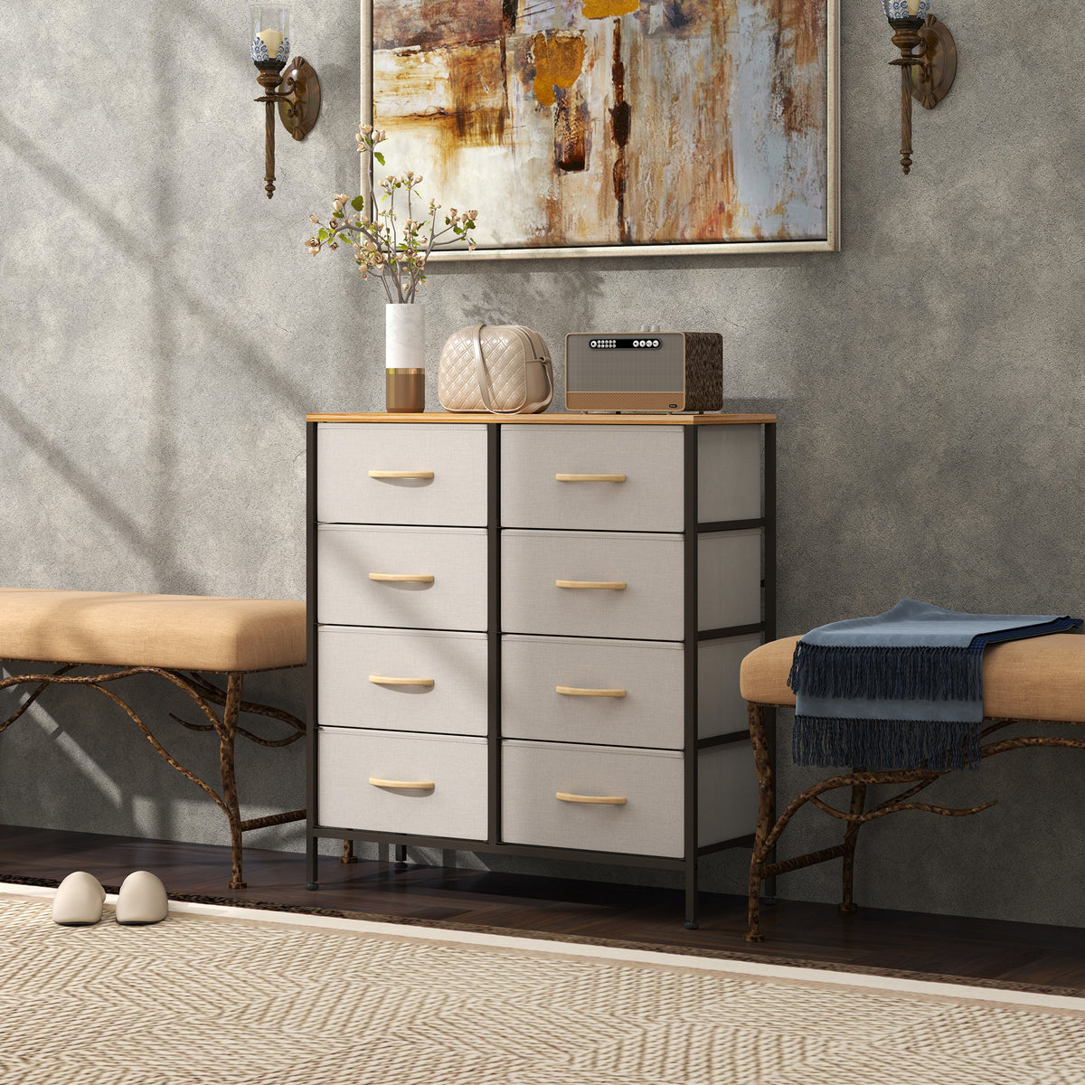 HOMCOM Fabric Chest of Drawers, Industrial Bedroom Dresser with 8 Fabric Drawers, Steel Frame and Wooden Top for Nursery, Living Room, Hallway, Cream White