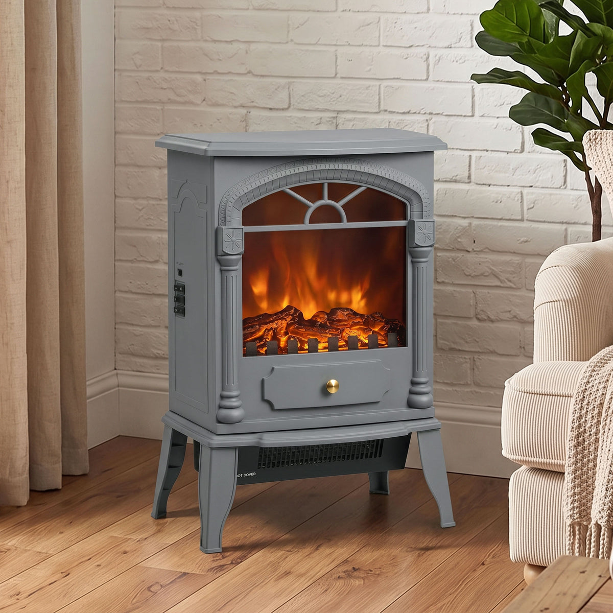 HOMCOM Freestanding Portable Fireplace, Electric Fireplace Stove Heater with 3D Flame Effect and Adjustable Thermostat, Grey