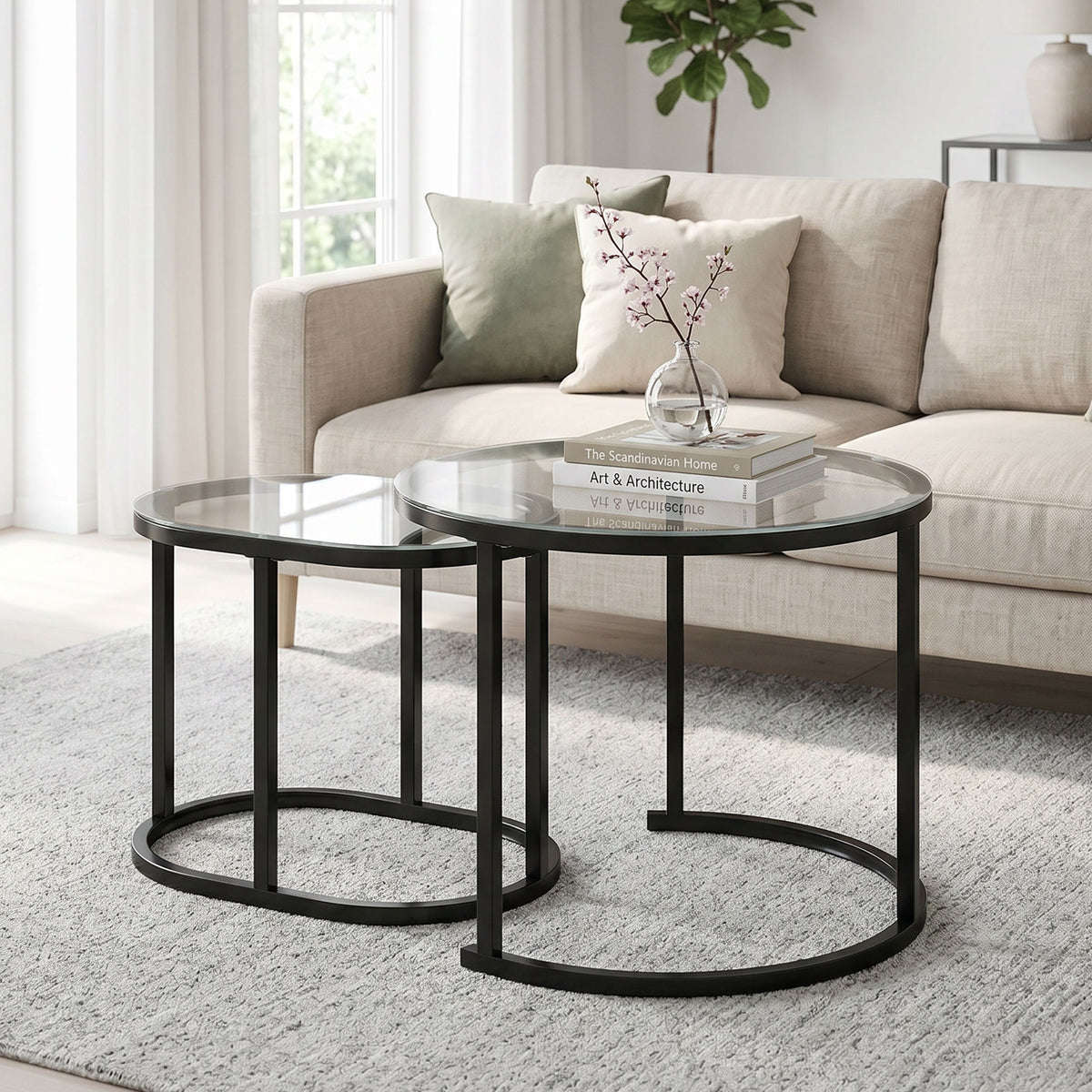 HOMCOM Nest of Tables with Steel Frame and Tempered Glass Tabletop, Modern Coffee Table Set of 2, Black