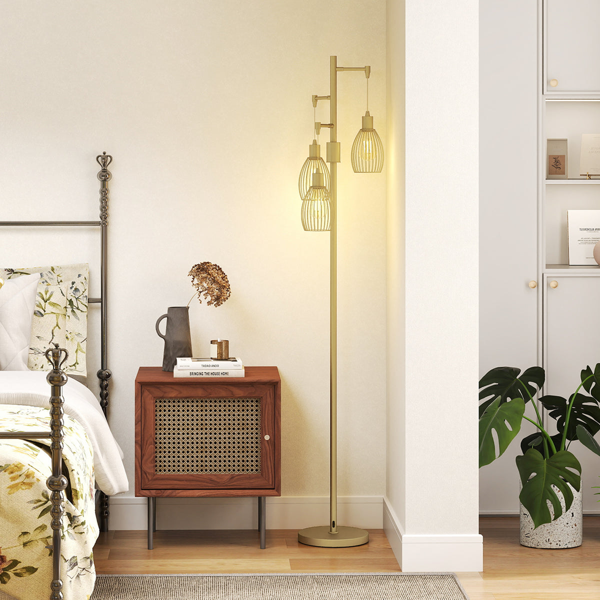 HOMCOM 3-Light Floor Lamp, 170cm Industrial Dimmable Standing Lamp with Steel Wire Cage Lampshades for Living Room, Bedroom, Dining Room, Study, Bulb Not Included, Gold Tone