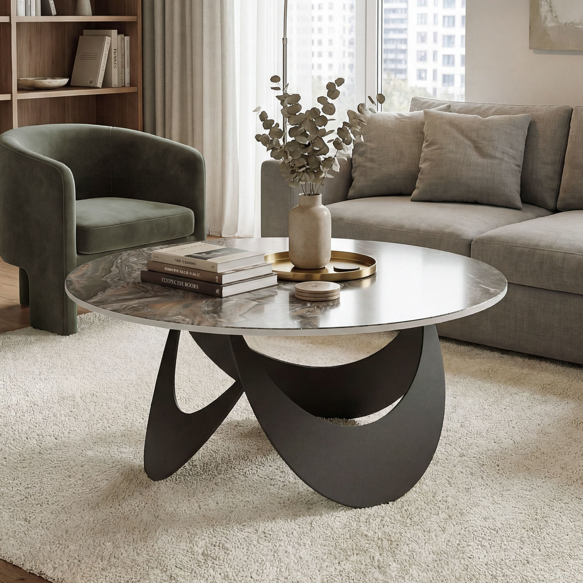 HOMCOM Coffee Table Sintered Stone Top Adjustable Foot Pads Modern Centre Table for Living Room Brown and Black