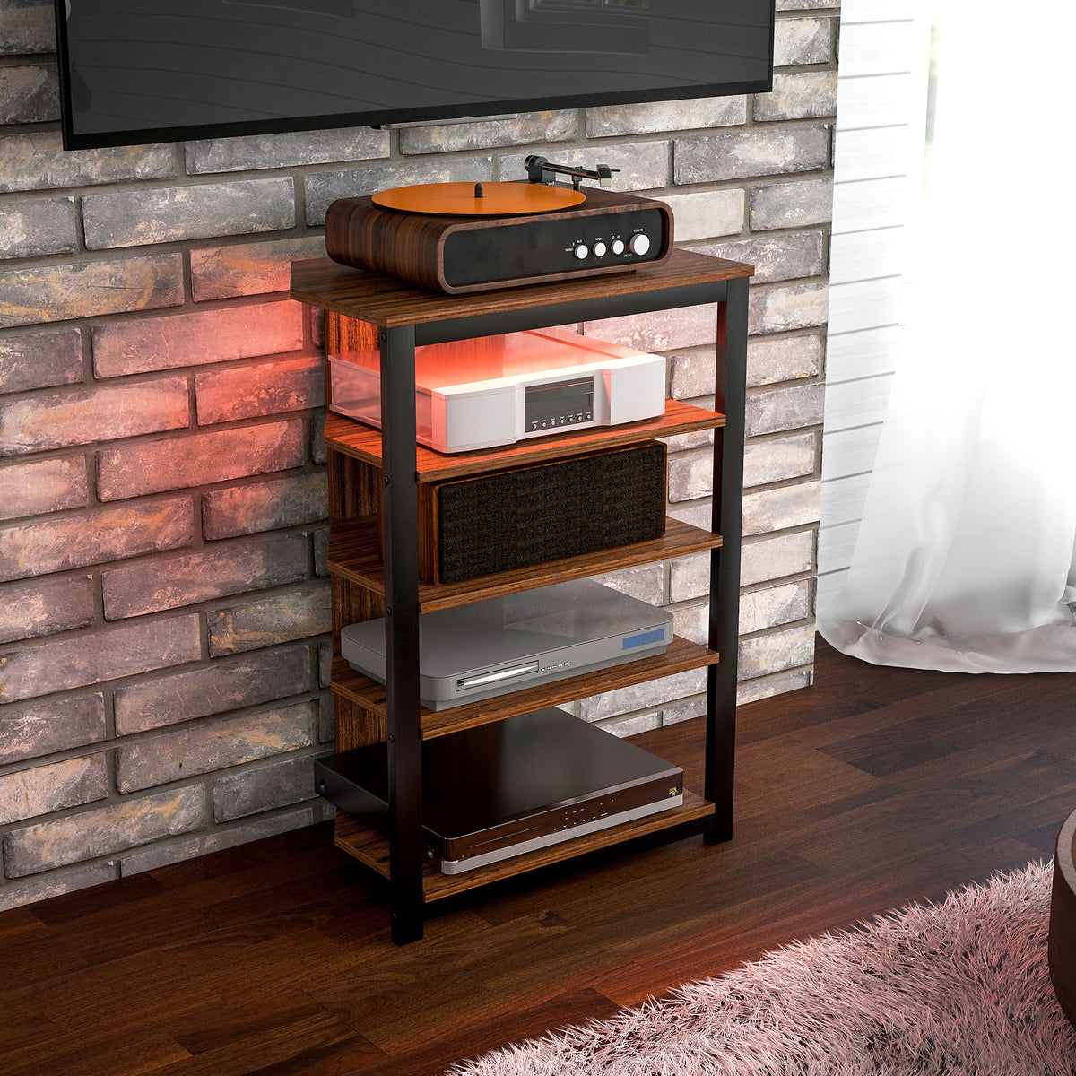 HOMCOM 4-Tier Corner TV Stand with Storage, LED Lights, Cable Management, Small Entertainment Centre for TVs up to 29", for Living Room, Bedroom, Brown Wood Effect