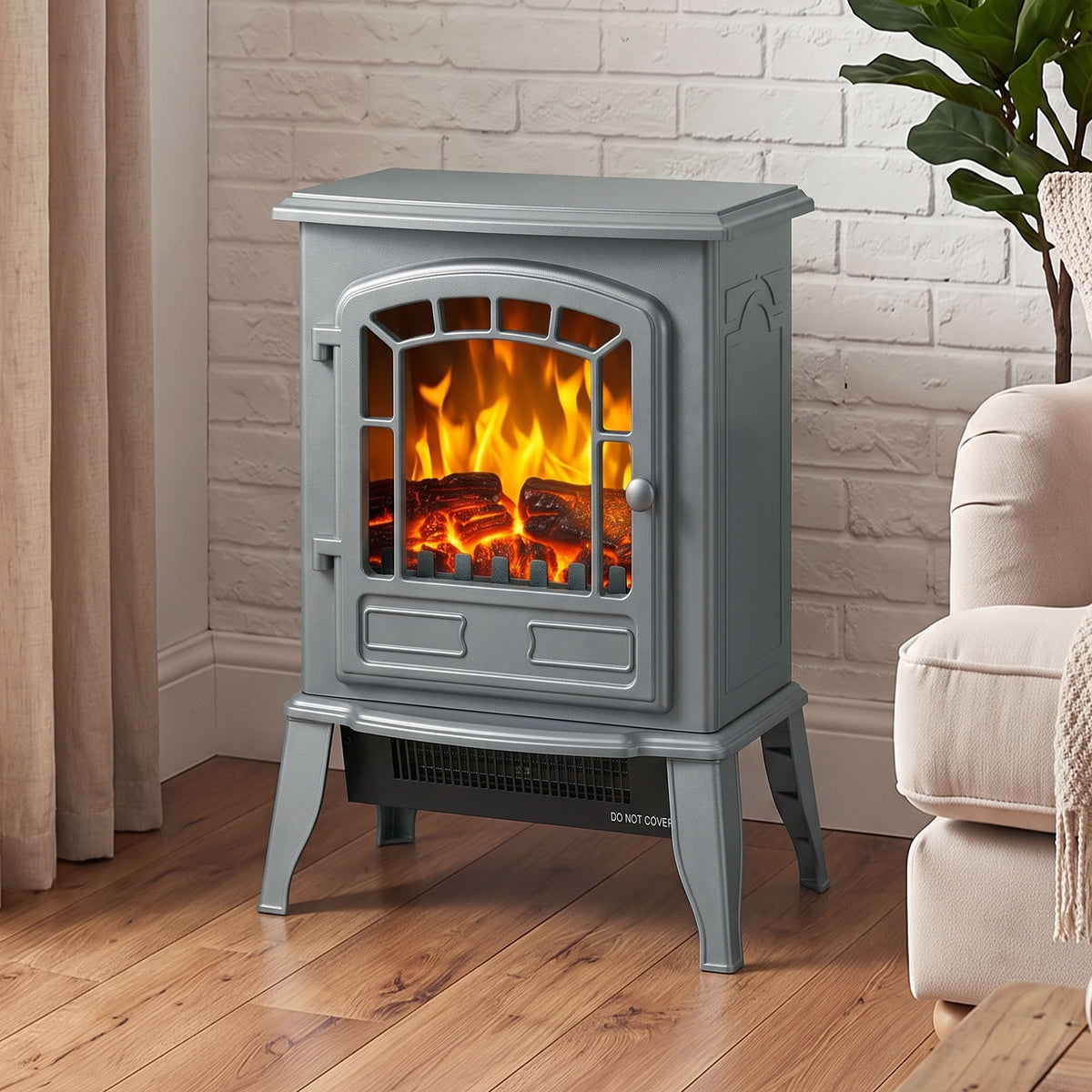 HOMCOM Electric Fireplace Stove, 1000W/2000W, Freestanding Electric Fire with LED Flame Effect, Adjustable Thermostat, Grey