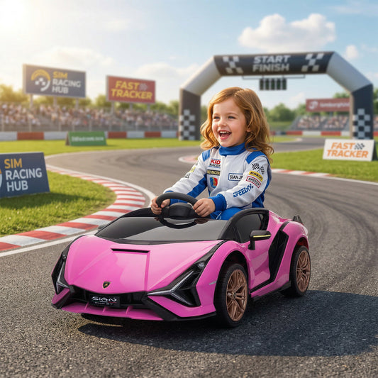 HOMCOM Lamborghini Sian Licensed Electric Car for Kids, 12V Kids Electric Ride on Car with Dual Motors, Remote Control, Pink