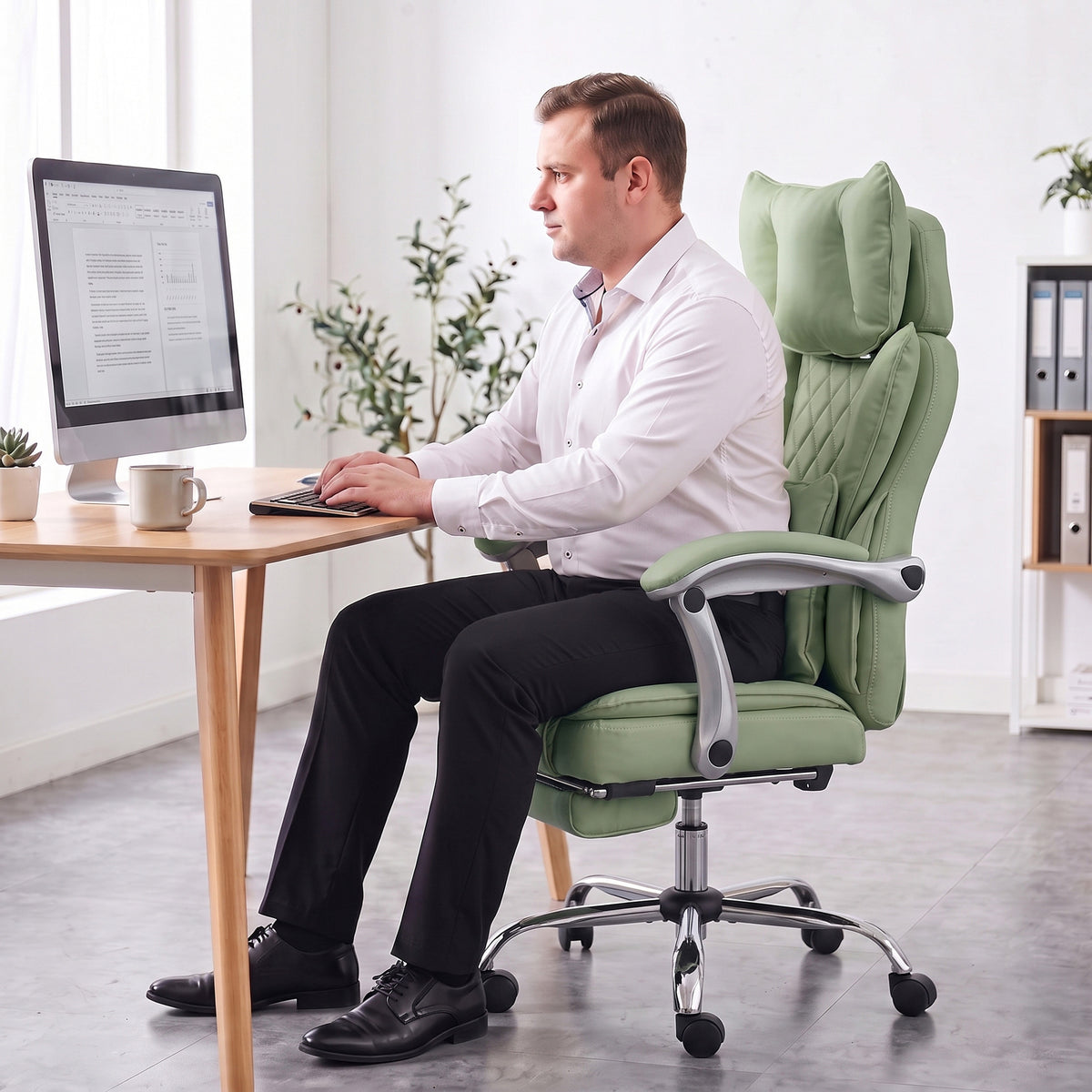 HOMCOM Executive Office Chair, PU Big and Tall Office Chair 180 kg with Wide Seat, Reclining, Lumbar Support, Light Green
