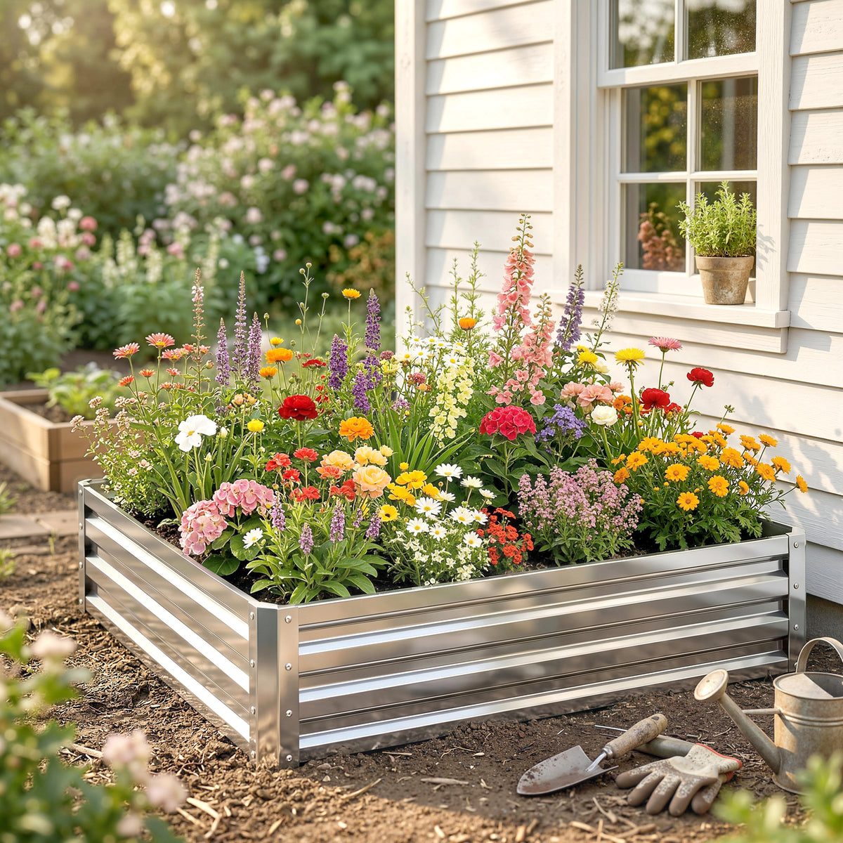 Outsunny Square Raised Garden Bed Box with Weatherized Steel Frame for Vegetables, Flowers, & Herbs, 120 x 120 x 30cm, Silver Tone