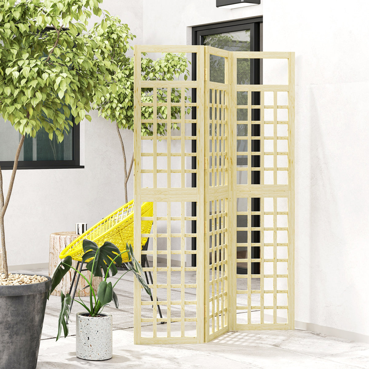 Outsunny 3-Panel Garden Privacy Screen, Freestanding Foldable Wooden Outdoor Divider/Trellis, Decorative Privacy Screen for Garden Patio, 120 x 170 cm, Natural Wood Finish