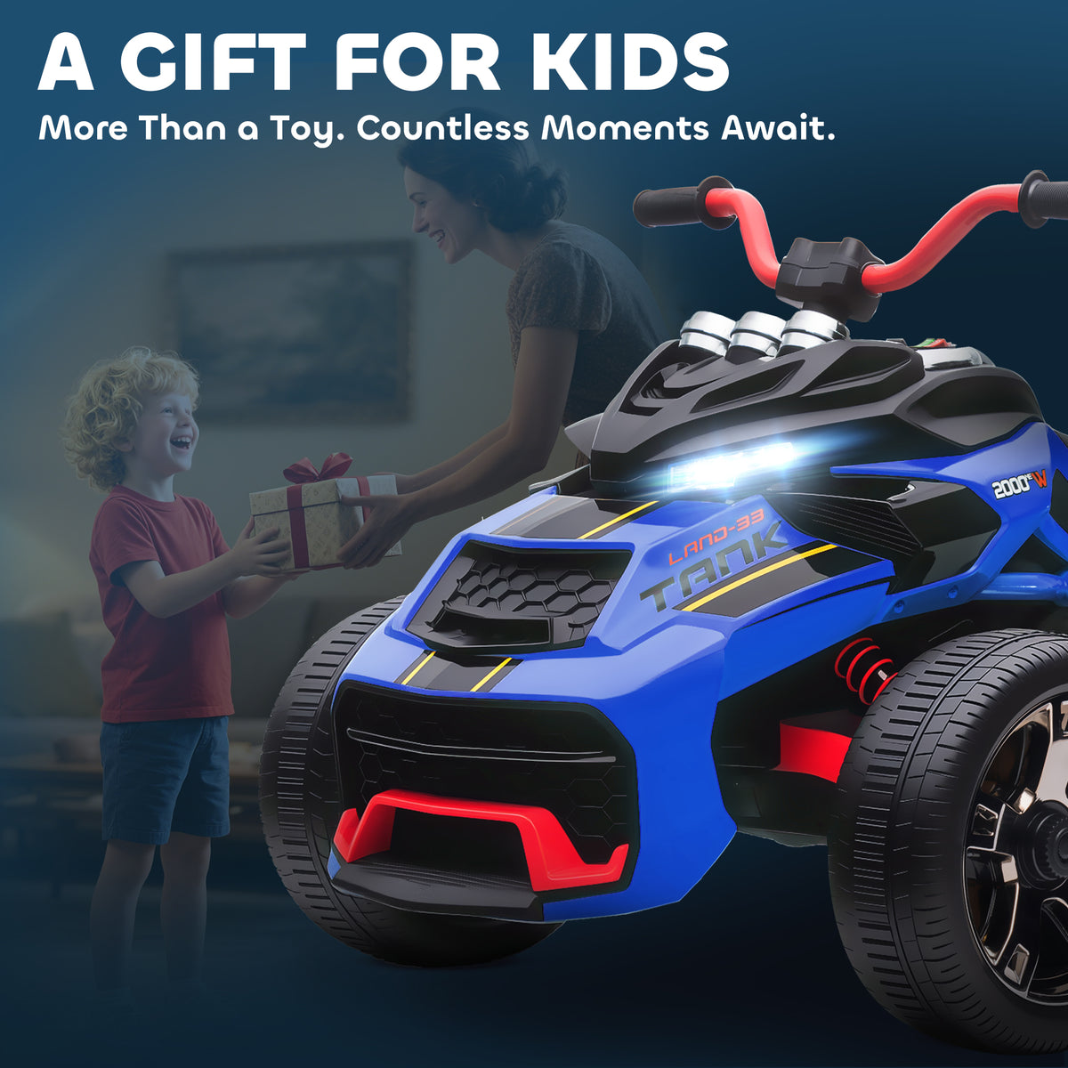 AIYAPLAY 12V Kids Electric Ride On Car with 3 Wheeler, MP3 Player, Horn, 2 Speeds, LED Lights for Boys & Girls Ages 3-8, Blue