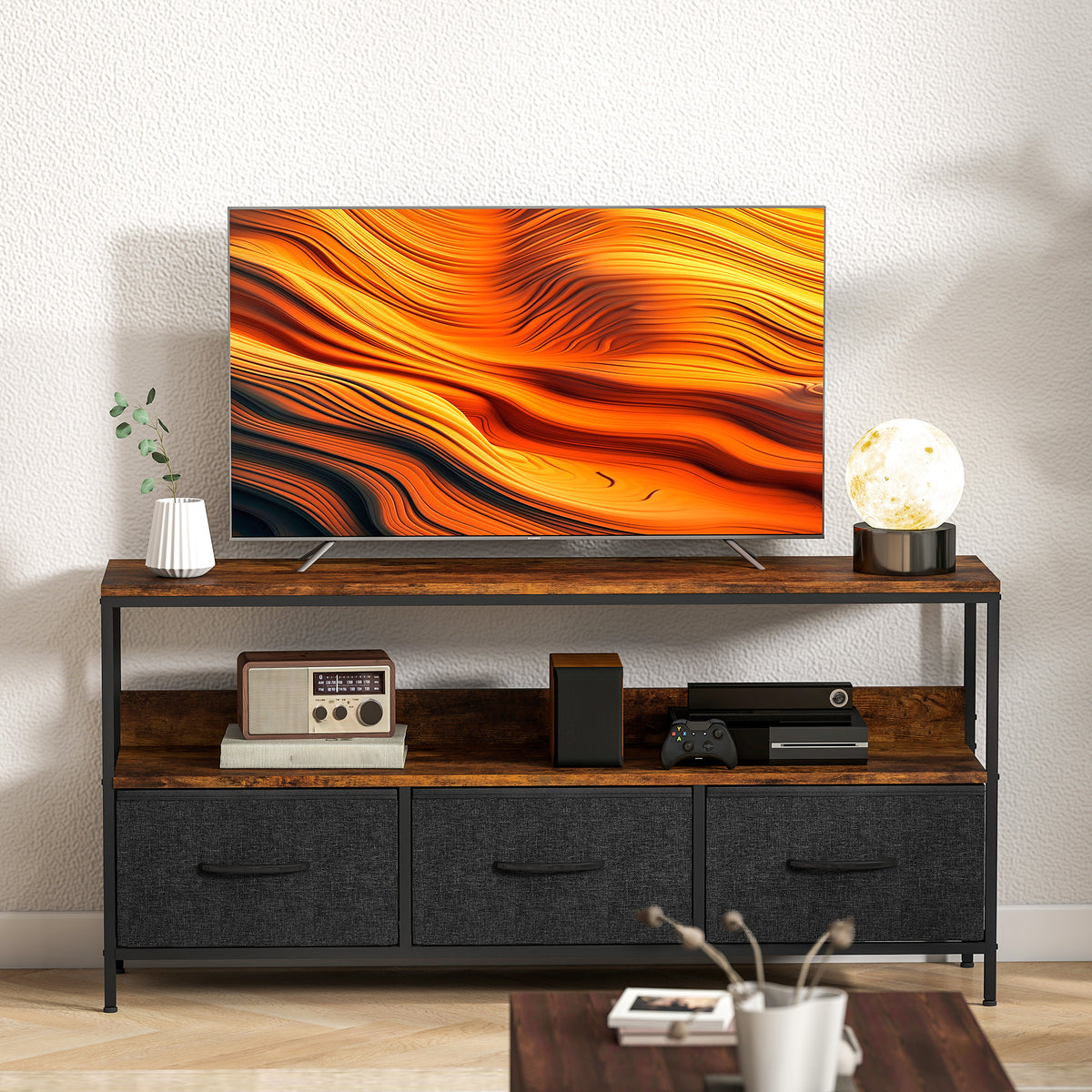 HOMCOM TV Stand Cabinet with 3 Foldable Drawers - Rustic Brown