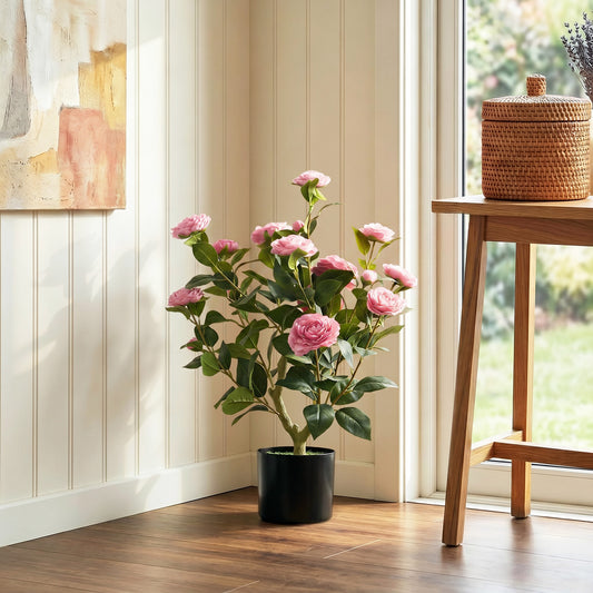 HOMCOM 65cm Artificial Camellia Flower Plant in Pot with 116 Lush Leaves & Moss Effect, Pink