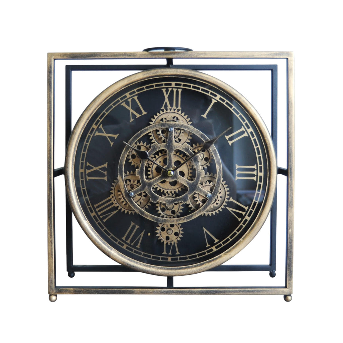 Elegant and Modern Mantel Gear Clock – Black & Gold Round Design with Moving Gears, Silent Sweep Mechanism, Functional Drawer, Stylish Home or Office Décor, Living Room