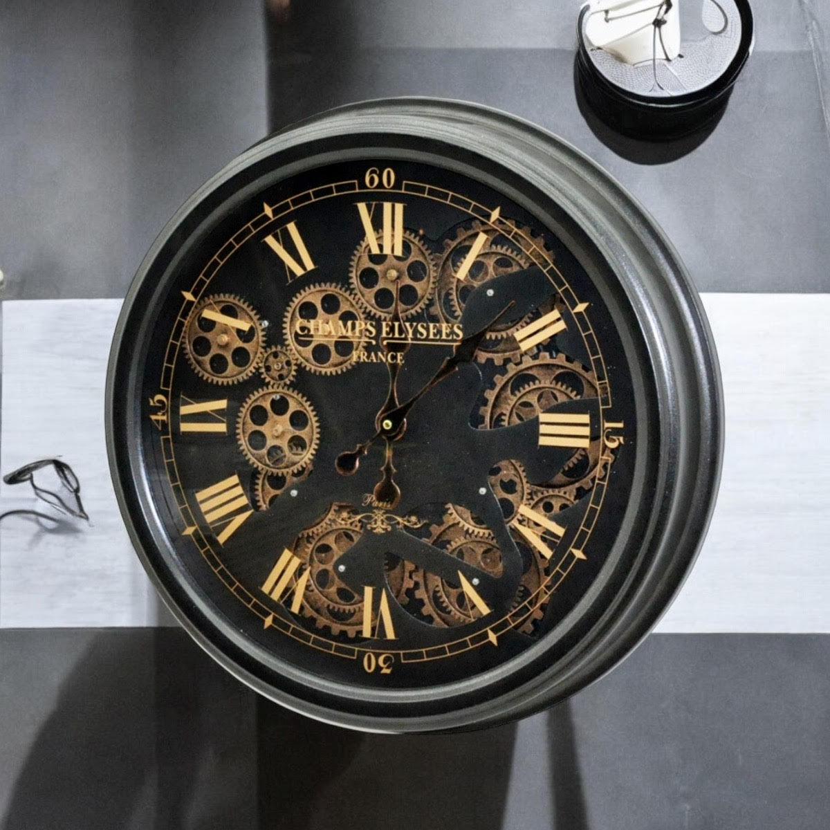 Stylish & Decorative Industrial with Roman Numerals Round Wall Clock - Modern Design, Moving Gears, Battery-Operated Quartz Movement Timepiece for Living Room & Home (Black 52cm (Champs Elysees))