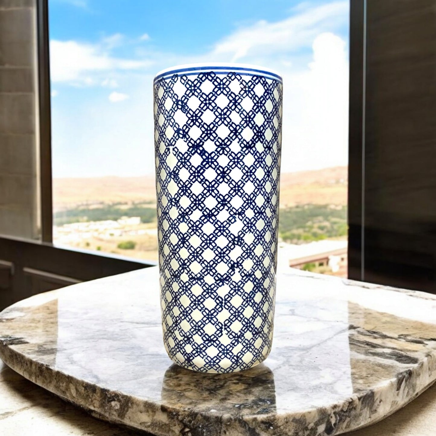 AcaciaHome Durable Ceramic Round Umbrella stand–Perfect Holder for Home, Office, & Entryway - Adds a Sophisticated Touch to Living Spaces for Canes, & Walking Sticks (Blue & White Square print)