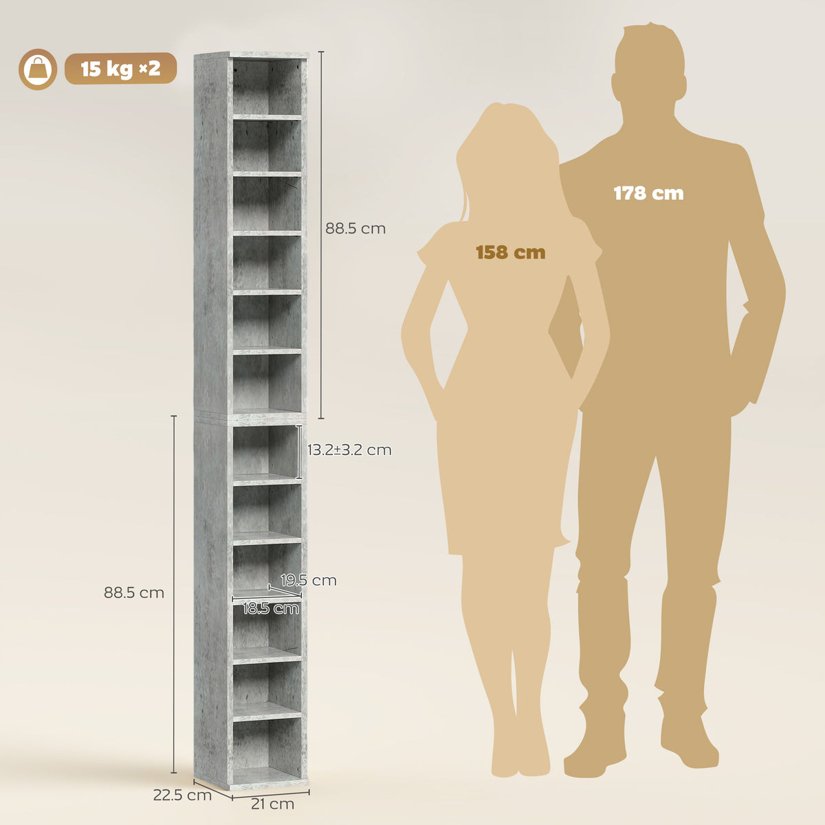 HOMCOM Set of 2 CD Media Display Shelf Unit Tower Rack with Adjustable Shelves, Cement Grey